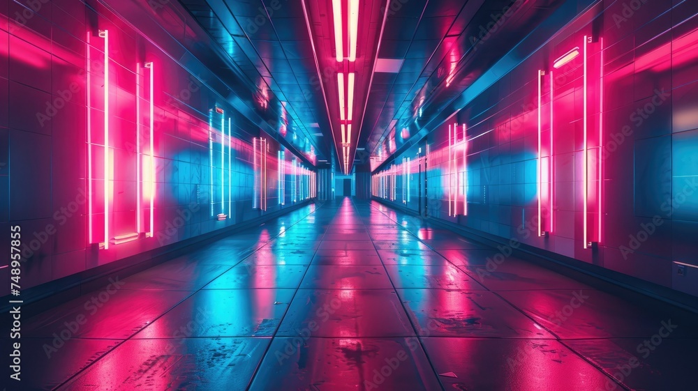 Futuristic corridor illuminated by pink neon lights - A vibrant cyberpunk-inspired corridor with reflective floors, glowing with intense pink and blue neon lights