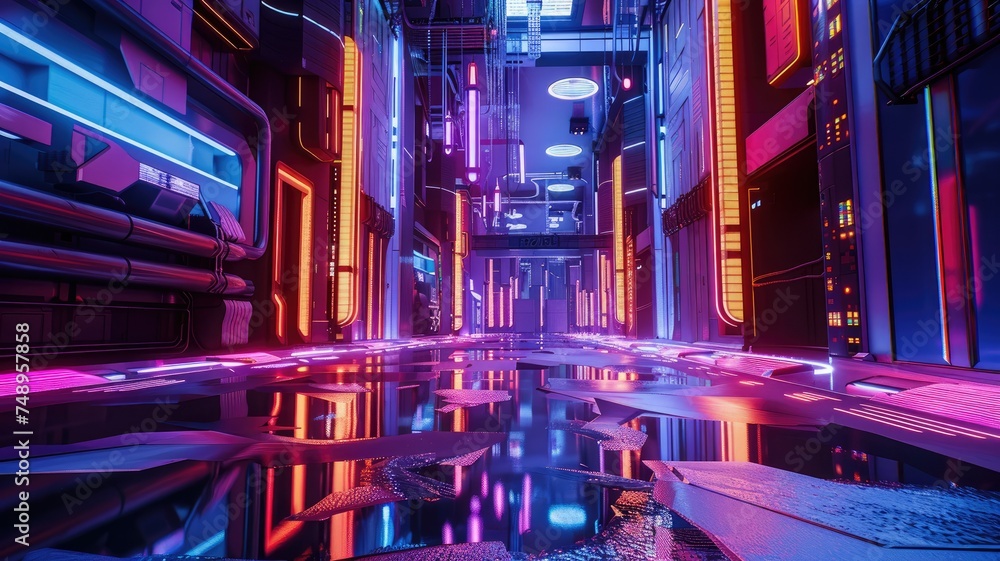 Futuristic neon-lit cyberpunk city alleyway - A vibrant cyberpunk city scene filled with neon lights highlighting the advanced technology and urban architecture of the future