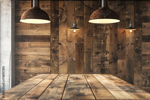 Wooden restaurant interior with blank wall