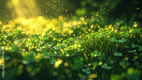 hiding Leprechaun hat sticking out amongst clovers, Saint Patrick's Day, rainbow, glittercore, Incandescent plasma, Beautiful, Ambience, Shimmering, Ray Tracing, fantasy mapping, fantastic realism © Natalja