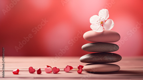 stack of zen stones with little hearts, flowers and red background