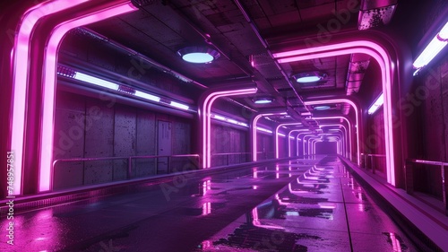 Hallway with walls lined with vibrant pink neon - An eerie, empty hallway glows in the light of vibrant pink neon tubes, creating a futuristic atmosphere