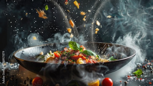 Dynamic food plating of pasta dish - A steamy, succulent pasta dish is captured mid-preparation, surrounded by a dynamic toss of ingredients, showcasing culinary art