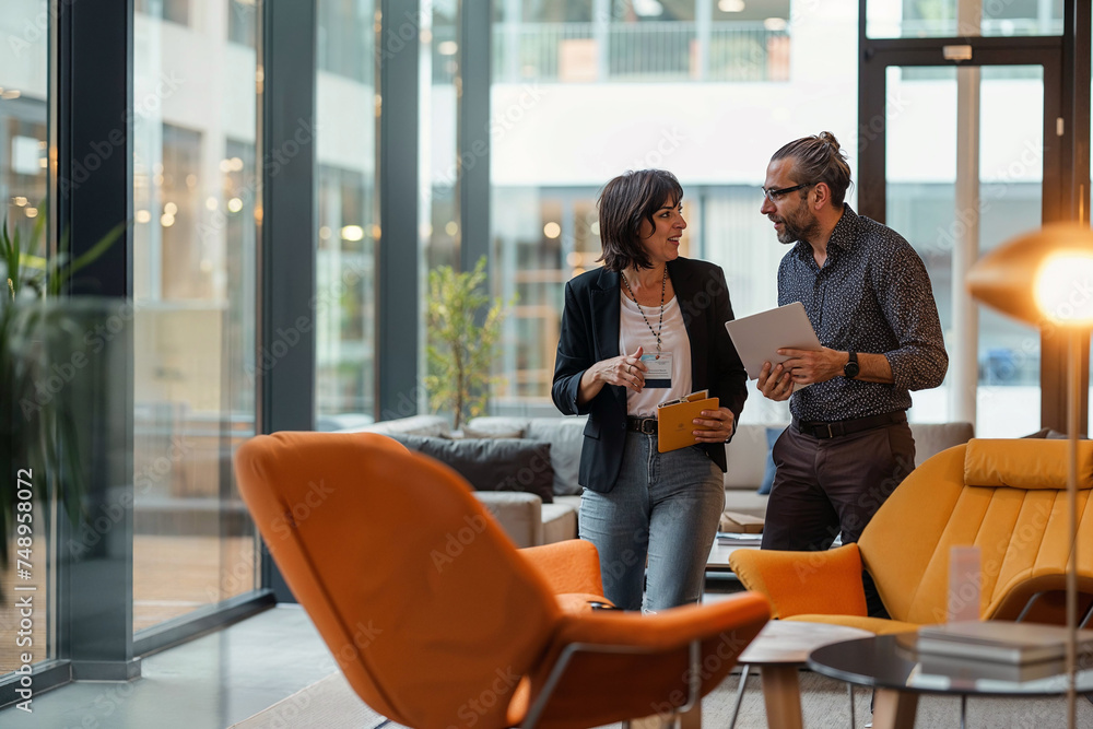 Male and female business colleagues engage in a positive conversation while walking through a contemporary office space, embodying teamwork and professionalism.
Male and female business colleagues engage in a positive conversation while walking through a contemporary office space, embodying teamwork and professionalism.