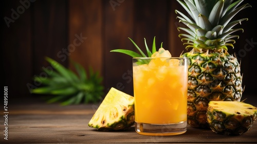 Pineapple juice in a glass and a decanter with fresh fruits on the table. A healthy sweet snack. A refreshing summer drink.