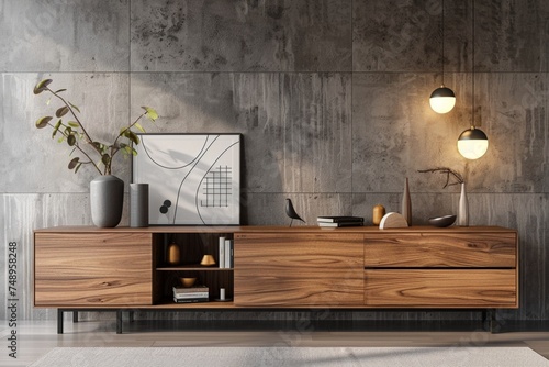 Wallpaper Mural Wooden sideboard in modern living room, concrete wall with wooden paneling, home interior background with copy space, 3d rendering Torontodigital.ca