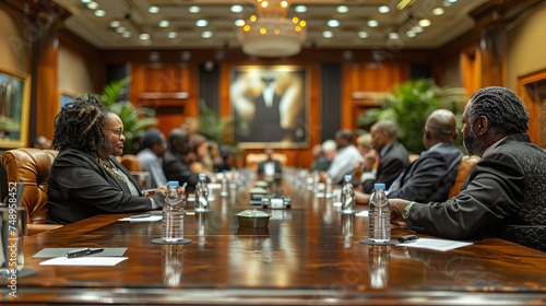 A group of people are gathered around a long table in a conference room