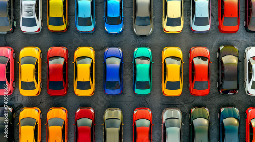 Colorful cars in the parking lot, aerial view. Top view of many different cars standing in rows in parking lot. 