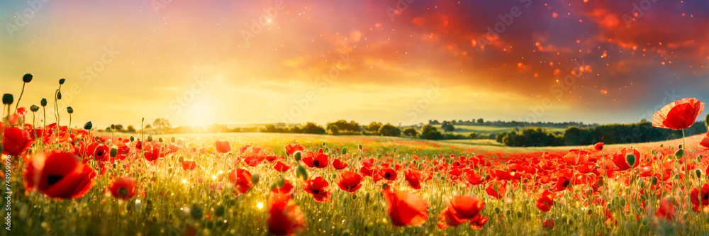 field with blooming poppies. Selective focus. - obrazy, fototapety, plakaty 