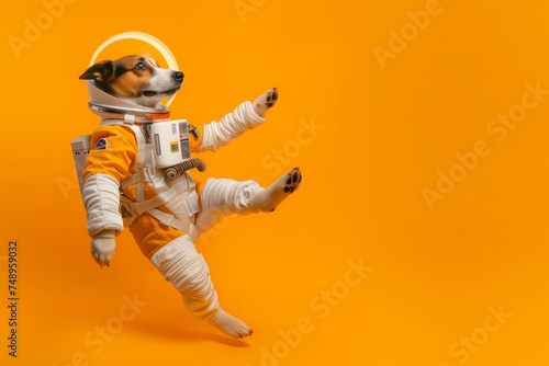 a dog wearing an astronaut suit and helm and equipment floating and jumping on a bright yellow studio background