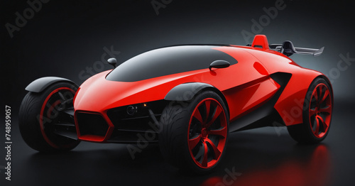 A striking blend of red and black in a concept automobile design. Futuristic sportscar with bold red wheel rims, merging glass and metal for a sleek aesthetic 