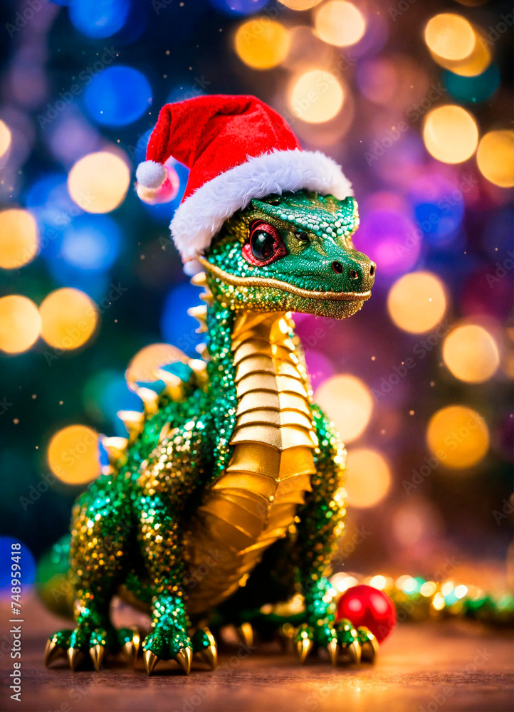 dragon in santa's hat year of the dragon. Selective focus.