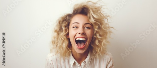 A young blonde woman with a big smile and white teeth is making a funny face, laughing and screaming in an American vintage hipster style. The background is white.