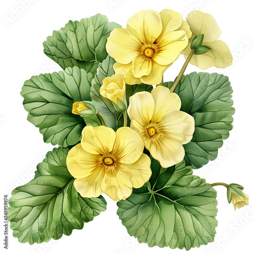 Spring yellow primrose flower. Illustration of a cute spring yellow primroses in realistic style on a white background