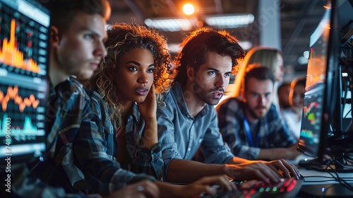 Crowd sitting in darkness, sharing fun art event on computer screen