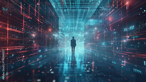 Futuristic corridor with digital matrix design - A solitary figure stands at the entrance of a corridor with bright digital matrix-style lines, depicting a tech-driven environment