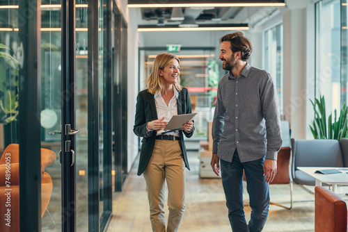 Male and female business colleagues engage in a positive conversation while walking through a contemporary office space, embodying teamwork and professionalism.

