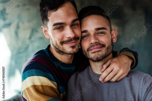 Portrait of two homosexual men embracing and facing the camera, their expressions radiating authentic love and gratitude for each other.

