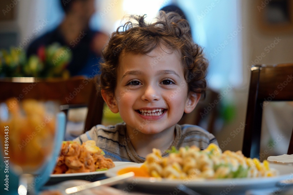 Young boy smiling while enjoying a nutritious home-cooked meal, featuring a variety of fresh vegetables on his plate.

