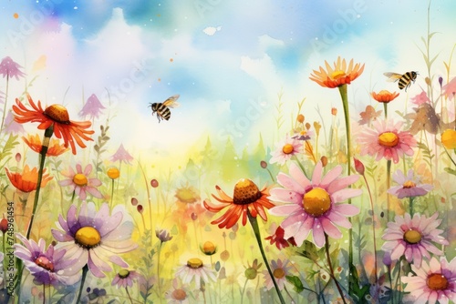 A painting of a field of flowers with three bees flying among the flowers. © Neuraldesign