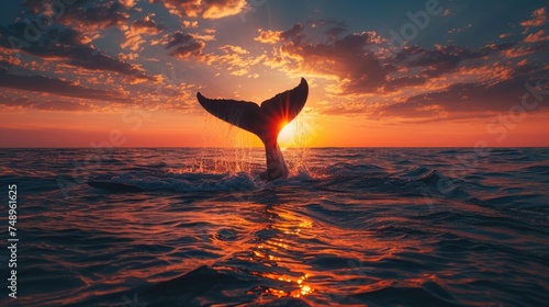A whale tail emerges gracefully above the ocean's surface against a vivid sunset. The warm glow of the sky casts a serene ambiance over the tranquil seascape