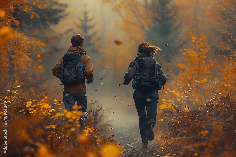 Two people are jogging through an autumn forest, with leaves falling around them. - obrazy, fototapety, plakaty 