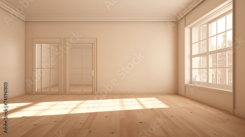 Minimalist sunlit empty room with hardwood floors and a large window creating patterns on the wall