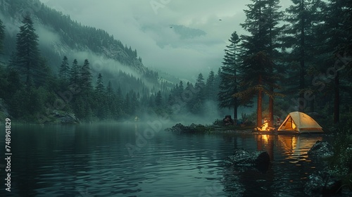 a tent is sitting on the shore of a lake in the middle of a forest