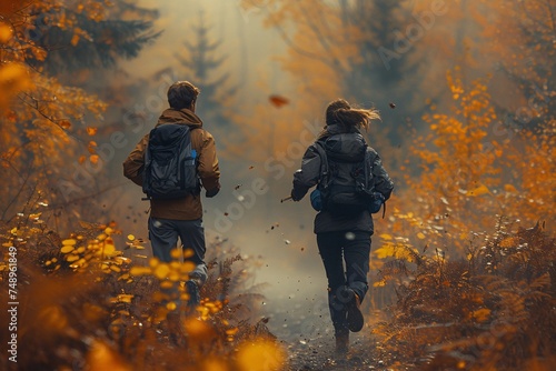 Two people are jogging through an autumn forest, with leaves falling around them.