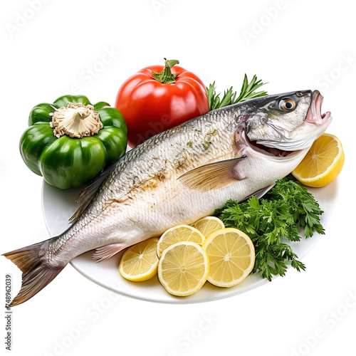 fresh fish with lemon and vegetables on transparent background, clipping path, png, 
