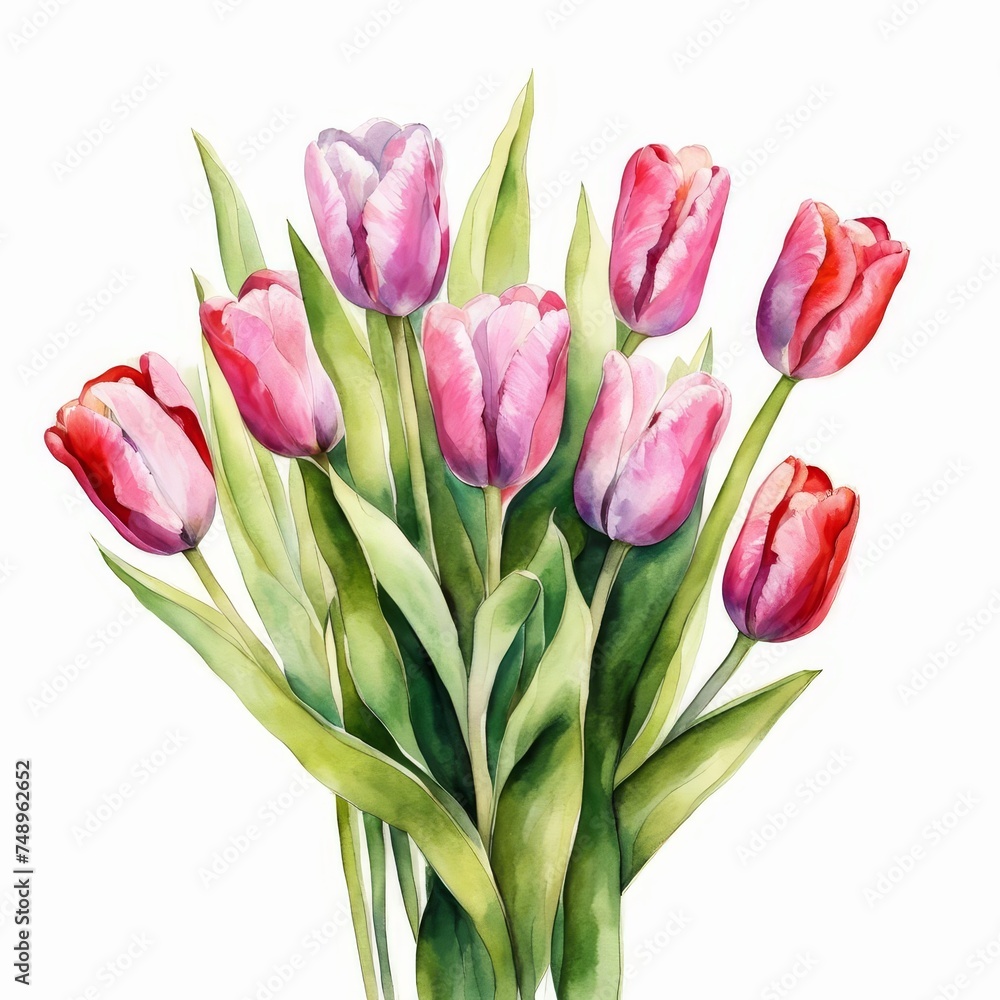 Beautiful bright bouquet of watercolor tulips flowers on white background Beautiful bright bouquet of watercolor tulips flowers on white background