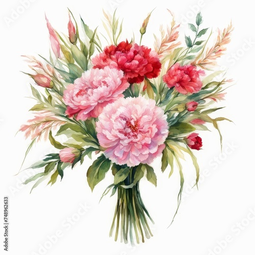 Beautiful bright bouquet of watercolor peonies flowers on white background