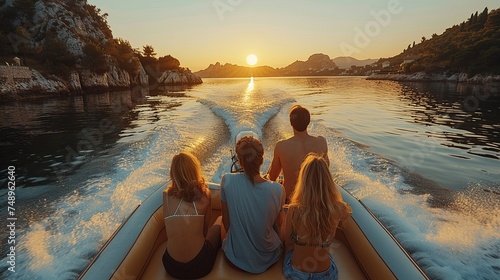 a group of people are riding a boat on a lake at sunset