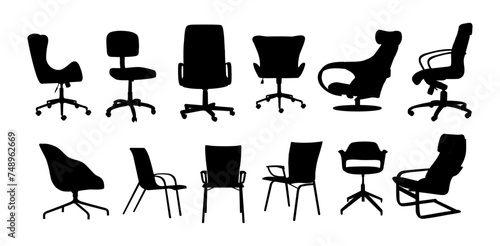 Set of different Modern office chair, armchair silhouettes. Interior design elements, icons. Vector black illustrations of elegant business furniture isolated on transparent background.