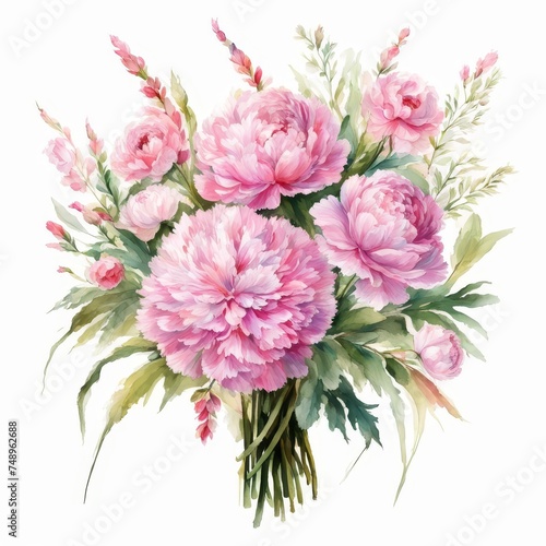 Beautiful bright bouquet of watercolor peonies flowers on white background