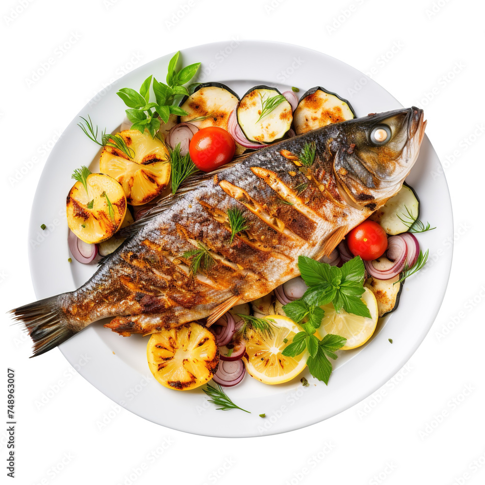 grilled fish with lemon and herbs on a plate on transparent background, png, clipping path, grilled fish with lemon and herbs on a plate on transparent background, png, clipping path,