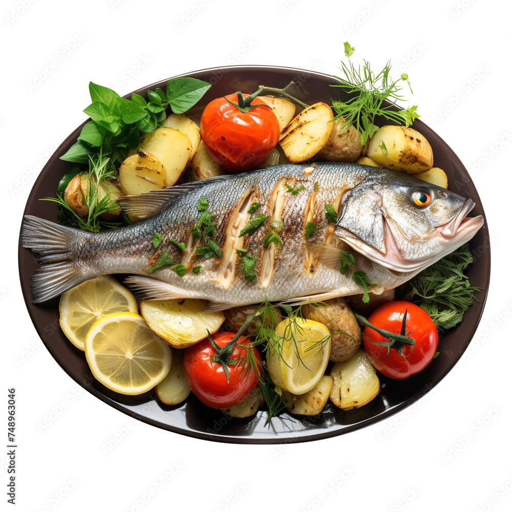 grilled fish with lemon and herbs on a plate on transparent background, png, clipping path, grilled fish with lemon and herbs on a plate on transparent background, png, clipping path,