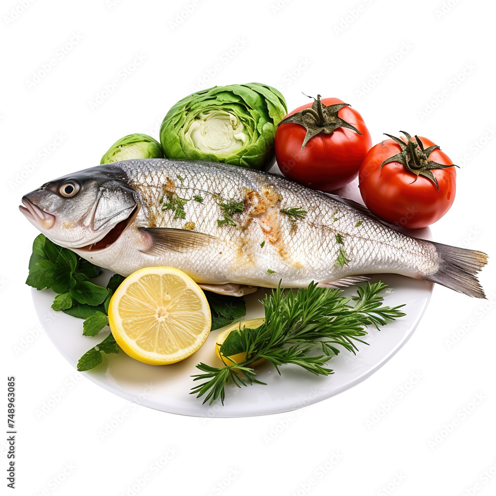 fresh fish with lemon and vegetables on plate on transparent background, clipping path, png, fresh fish with lemon and vegetables on plate on transparent background, clipping path, png,
