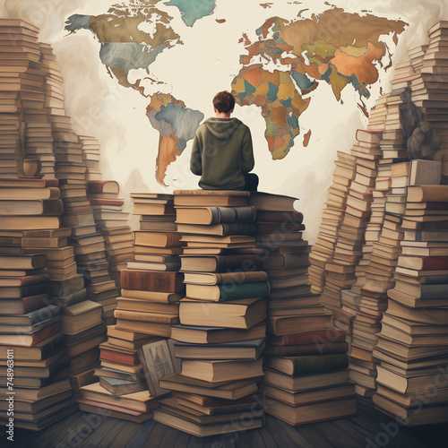 person sitting on a stack of books