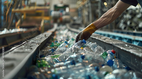 Worker sorting plastic bottles at a recycling facility. photo
