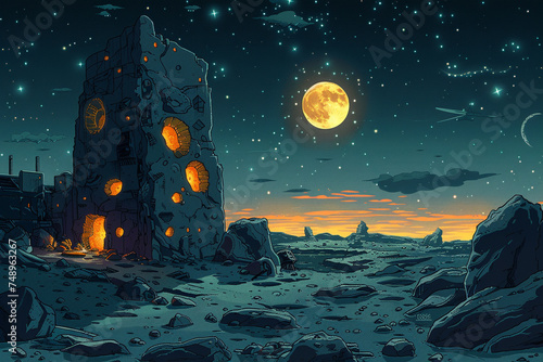 Cartoon-Style Moon Cheese Mining Expedition
