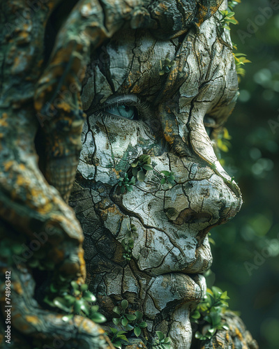 Surreal portrait of a face blending into a tree, symbolizing nature's connection © In-Trend Image
