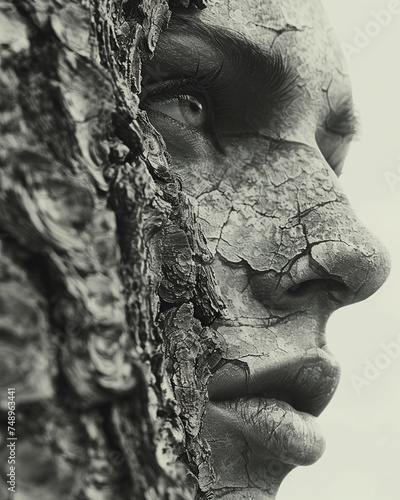 Surreal portrait of a face blending into a tree, symbolizing nature's connection