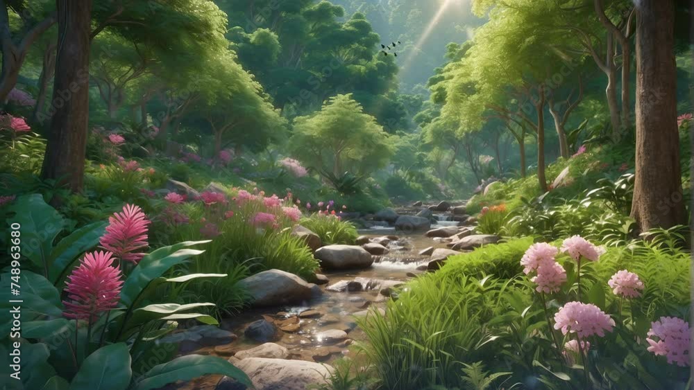 Peaceful Stream in the Forest Bathed in Morning Sunshine, Flowers and Fluttering Butterflies Peaceful Stream in the Forest Bathed in Morning Sunshine, Flowers and Fluttering Butterflies