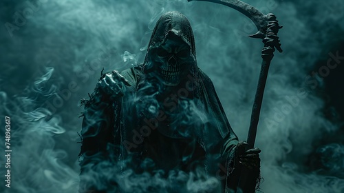 Spooky Halloween depiction featuring Grim Reaper in haunting costume and scythe centered professional photo copy space. Concept Halloween, Grim Reaper, Haunting Costume, Scythe, Professional Photo