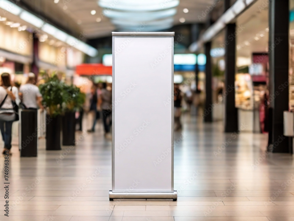 Roll up mockup, poster stand in a shopping center or mall environment as a wide banner design with blank, empty copy space area Roll up mockup, poster stand in a shopping center or mall environment as a wide banner design with blank, empty copy space area
