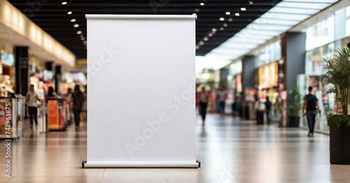 Roll up mockup, poster stand in a shopping center or mall environment as a wide banner design with blank, empty copy space area photo