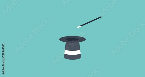 Vector illustration of magic hat and magic wand icon, magician hat, vector animation of a magic hat, magic animation, stars, animation of the appearance of a rabbit from a hat.