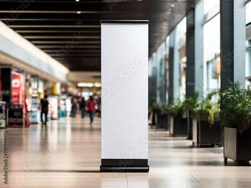 Roll up mockup  poster stand in a shopping center or mall environment as a wide banner design with blank  empty copy space area