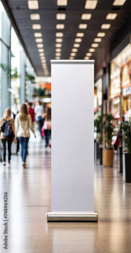 Roll up mockup, poster stand in a shopping center or mall environment as a wide banner design with blank, empty copy space area